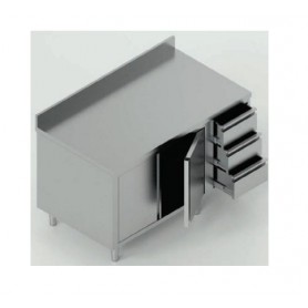 Tavolo armadiato con battenti e cassettiera laterale mod. TBA3CDX in acciaio inox AISI 304, con alzatina, profondità 70 cm
