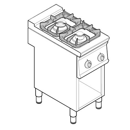 Cucina a gas 2 fuochi su vano aperto serie Tecno74 mod.PCG4FG7 Tecnoinox, griglie in ghisa, 10,5 kW, 40x70x90 cm