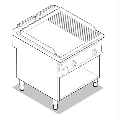 Fry top a gas piastra in acciaio sabbiato 1/3 rigata su vano aperto serie Tecno90 mod. FTR8FG9 Tecnoinox, 16 kW, 80x90x90 cm