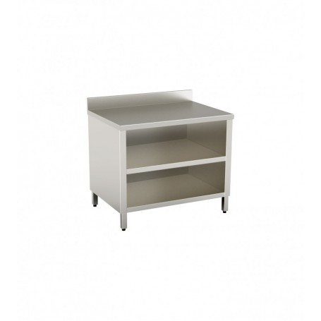 Tavolo armadiato a giorno mod. TGCRA  in acciaio inox AISI 304, con alzatina e ripiano, profondità 70 cm