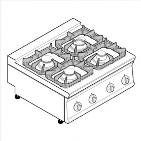 Cucina a gas 4 fuochi da banco serie Tecno74 mod.PCG8G7 Tecnoinox, griglie in ghisa, 19,5 kW, 80x70x28 cm