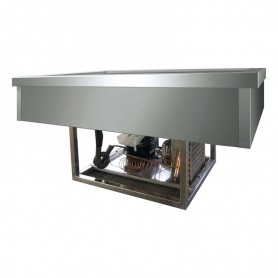 Vasca in acciaio inox refrigerata da incasso con motore a bordo, mod.VRI411F, -5°+5°C, cap. 4 bacinelle GN 1/1, 144x68x55h CM