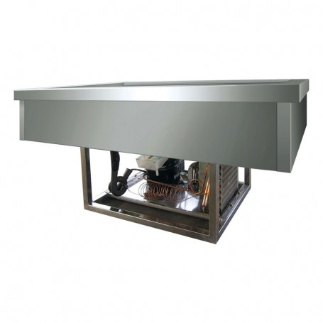 Vasca in acciaio inox refrigerata da incasso con motore a bordo, mod.VRI411F, -5°+5°C, cap. 4 bacinelle GN 1/1, 144x68x55h CM
